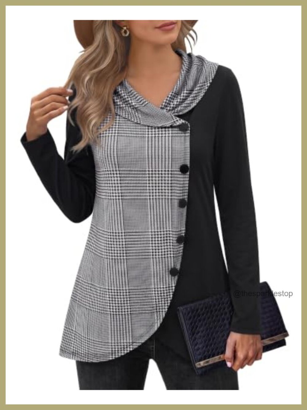Womens Long Sleeve Tunic Top Button Side Tulip Hem Shawl Neck